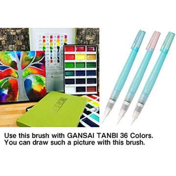 ArtMuseKitsMikash Kuretake Fude Water Brush Pen for Drawing Art for Lettering 3 Pens Set Small Size (S,M,L)