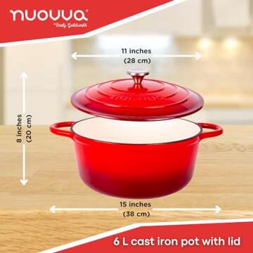 Cast Iron Dutch Oven with Lid – Non-Stick Ovenproof Enamelled Casserole Pot, Oven Safe up to 500° F – Sturdy Dutch Oven Cookware – Red, 6.4-Quart, 28cm – by Nuovva