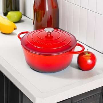 Cast Iron Dutch Oven with Lid – Non-Stick Ovenproof Enamelled Casserole Pot, Oven Safe up to 500° F – Sturdy Dutch Oven Cookware – Red, 6.4-Quart, 28cm – by Nuovva