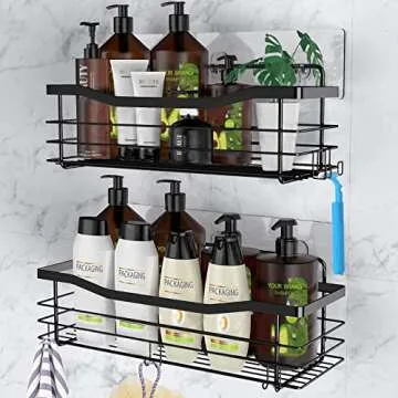 Orimade Adhesive Shower Caddy Shelf with 5 Hooks - Perfect Organizer for Bathroom, Rustproof, No Dri...