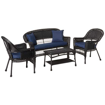Jeco Wicker Conversation Set with Navy Cushions