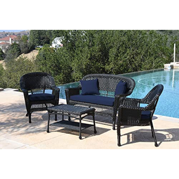 Jeco Wicker Conversation Set with Navy Cushions