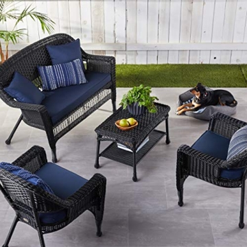 Jeco Wicker Conversation Set with Navy Cushions