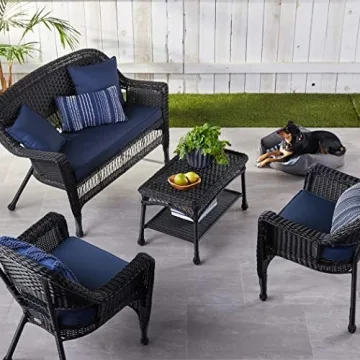 Jeco Wicker Conversation Set with Navy Cushions