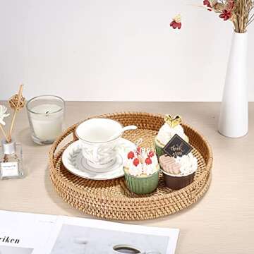 Hipiwe Round Rattan Serving Tray with Handles, Hand-Woven Decorative Organizer Tray for Storage Brea...