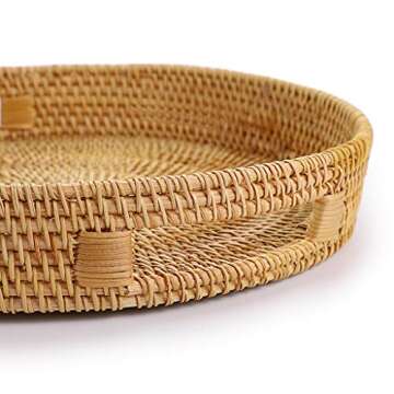Hipiwe Round Rattan Serving Tray with Handles, Hand-Woven Decorative Organizer Tray for Storage Breakfast Drinks Snack, Centerpiece Fruit Basket for Home Decoration,Large