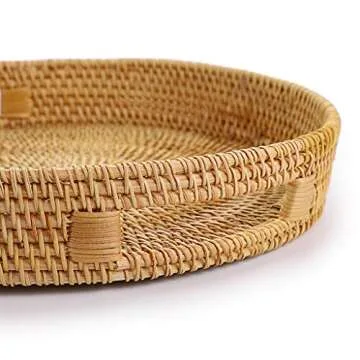 Hipiwe Round Rattan Serving Tray with Handles, Hand-Woven Decorative Organizer Tray for Storage Breakfast Drinks Snack, Centerpiece Fruit Basket for Home Decoration,Large