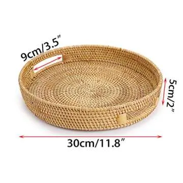 Hipiwe Round Rattan Serving Tray with Handles, Hand-Woven Decorative Organizer Tray for Storage Breakfast Drinks Snack, Centerpiece Fruit Basket for Home Decoration,Large