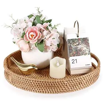 Hipiwe Round Rattan Serving Tray with Handles, Hand-Woven Decorative Organizer Tray for Storage Breakfast Drinks Snack, Centerpiece Fruit Basket for Home Decoration,Large