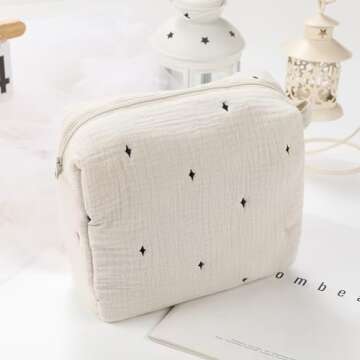 Little Grape Land Cotton Makeup Bag, Cosmetic Bag Travel Toiletry Pouch, Cute Stars Embroidery Muslin Cotton Makeup Pouch Cosmetic Pouch for Women Girls - Beige, Medium