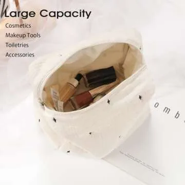 Little Grape Land Cotton Makeup Bag, Cosmetic Bag Travel Toiletry Pouch, Cute Stars Embroidery Muslin Cotton Makeup Pouch Cosmetic Pouch for Women Girls - Beige, Medium