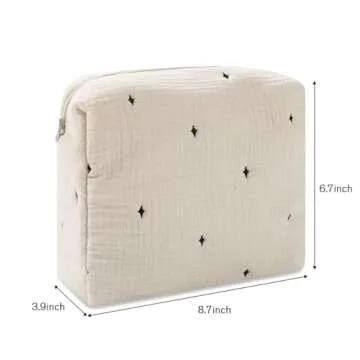 Little Grape Land Cotton Makeup Bag, Cosmetic Bag Travel Toiletry Pouch, Cute Stars Embroidery Muslin Cotton Makeup Pouch Cosmetic Pouch for Women Girls - Beige, Medium