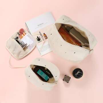 Little Grape Land Cotton Makeup Bag, Cosmetic Bag Travel Toiletry Pouch, Cute Stars Embroidery Muslin Cotton Makeup Pouch Cosmetic Pouch for Women Girls - Beige, Medium