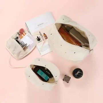 Little Grape Land Cotton Makeup Bag, Cosmetic Bag Travel Toiletry Pouch, Cute Stars Embroidery Muslin Cotton Makeup Pouch Cosmetic Pouch for Women Girls - Beige, Medium