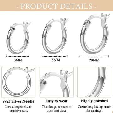3 Pairs 925 Sterling Silver Hoop Earrings Small White Gold Plated Hoop Earrings for Women (13mm, 15m...