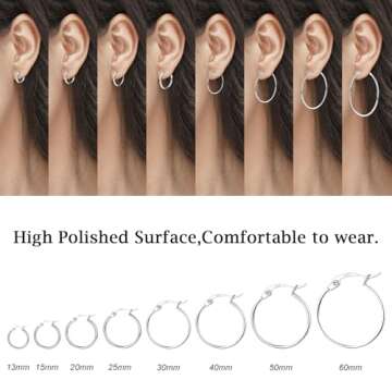 3 Pairs 925 Sterling Silver Hoop Earrings Small White Gold Plated Hoop Earrings for Women (13mm, 15mm, 20mm)