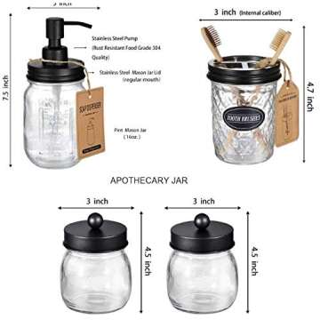 YOTINO Mason Jar Bathroom Accessories Set 4 Pack Mason Jar Soap Dispenser & 2 Apothecary Jars & Toot...