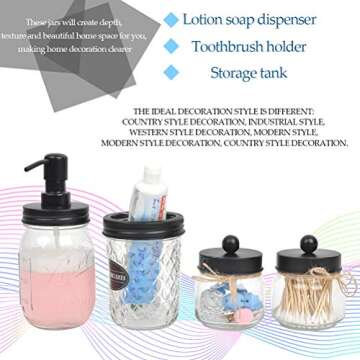YOTINO Mason Jar Bathroom Accessories Set 4 Pack Mason Jar Soap Dispenser & 2 Apothecary Jars & Toothbrush Holder Rustic Farmhouse Decor Bathroom Organizer Apothecary Jar Country Countertop