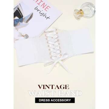 Asooll Vintage Elastic Waist Belts Lace up Waistband Wide Cinch Transparent Corset belts Party Club Prom Costume Clothing Dress Belts for Women and Girls (White)