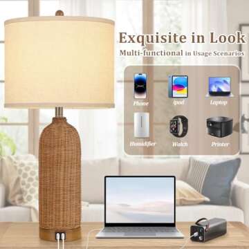 AUZONIMICS Set of 2 Rattan Table Lamps with 2 USB Ports, 29'' Tall Farmhouse Lamp for Living Room, Bedroom, Office, Vintage Brown Desk Nightstand Lamps with Oatmeal Fabric Linen Shade, Large Size