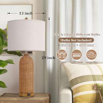 AUZONIMICS Set of 2 Rattan Table Lamps with 2 USB Ports, 29'' Tall Farmhouse Lamp for Living Room, Bedroom, Office, Vintage Brown Desk Nightstand Lamps with Oatmeal Fabric Linen Shade, Large Size