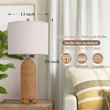 AUZONIMICS Set of 2 Rattan Table Lamps with 2 USB Ports, 29'' Tall Farmhouse Lamp for Living Room, Bedroom, Office, Vintage Brown Desk Nightstand Lamps with Oatmeal Fabric Linen Shade, Large Size