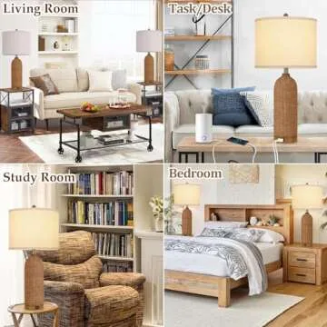 AUZONIMICS Set of 2 Rattan Table Lamps with 2 USB Ports, 29'' Tall Farmhouse Lamp for Living Room, Bedroom, Office, Vintage Brown Desk Nightstand Lamps with Oatmeal Fabric Linen Shade, Large Size