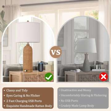 AUZONIMICS Set of 2 Rattan Table Lamps with 2 USB Ports, 29'' Tall Farmhouse Lamp for Living Room, Bedroom, Office, Vintage Brown Desk Nightstand Lamps with Oatmeal Fabric Linen Shade, Large Size