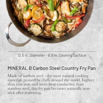De Buyer MINERAL B Carbon Steel Country Fry Pan - 12.5” - Ideal for Sauteing, Simmering, Deep Fryi...