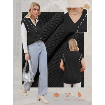 MFAVIP Women’s Sweater Vests, V Neck Sleeveless Ribbed Knit Vest Tops, All-Match Oversized Vests Pullover for Casual Loose Fit