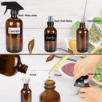 Glass Spray Bottle Set, Wedama Amber 6 10 ml Essential Oil Roller Bottles Kits with 10 Empty Glass Spray Bottle (16/4/2oz) & Accessories for Aromatherapy Facial hydration Watering Flowers Hair Care