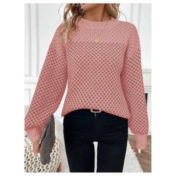 MakeMeChic Women's Color Block Houndstooth Oversized Sweater Long Sleeve Crew Neck Knit Pullover Top Pink Small