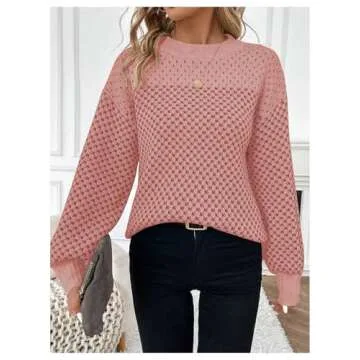 MakeMeChic Women's Color Block Houndstooth Oversized Sweater Long Sleeve Crew Neck Knit Pullover Top Pink Small