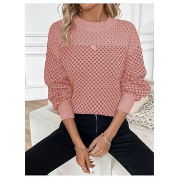 MakeMeChic Women's Color Block Houndstooth Oversized Sweater Long Sleeve Crew Neck Knit Pullover Top Pink Small