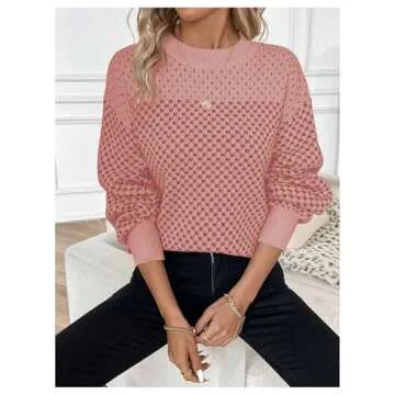 MakeMeChic Women's Color Block Houndstooth Oversized Sweater Long Sleeve Crew Neck Knit Pullover Top Pink Small
