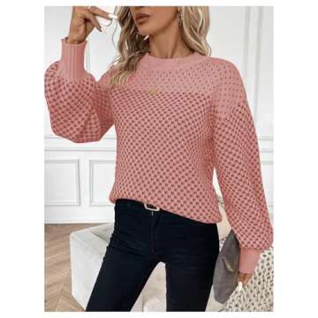 MakeMeChic Women's Color Block Houndstooth Oversized Sweater Long Sleeve Crew Neck Knit Pullover Top Pink Small