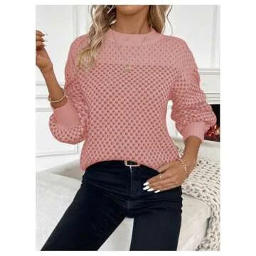 MakeMeChic Women's Color Block Houndstooth Oversized Sweater Long Sleeve Crew Neck Knit Pullover Top Pink Small