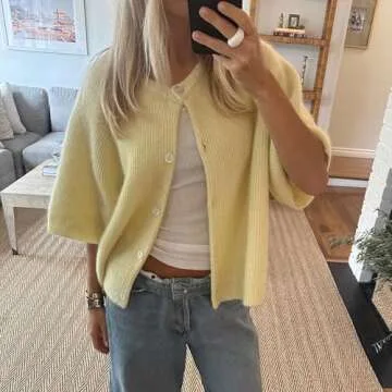 Women Y2k Crop Knit Cardigan T-Shirt Short Sleeve Button Down Casual Knitted Tees Y2k Girls Crop top Streewear (Yellow, S)