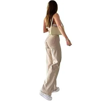 XBTCLXEBCO Women's High Waisted Wide Leg Jeans Straight Denim Pants Casual Baggy Trousers Streetwear Fashion(Apricot, Small)