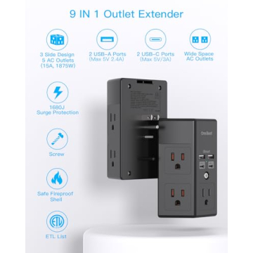 Versatile 2 Pack Surge Protector with USB Ports & 5 Outlets Expander - 1680J Power Strip Multi Plug ...