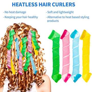 28 Pieces Heatless Curlers No Heat Spiral Curls Hair Curlers Styling Kit with 2 Pieces Styling Hooks for Most Kinds of Hairstyles (Green, Pink, Blue, Yellow,45 cm)