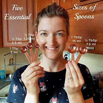 Copper Measuring Cups and Spoons Set of 9 - Premium Gift Packaging + Cooking Conversions Chart. Extra Sturdy Stainless Steel with Copper Finish, Satin and Mirror Polish. Gift Under 25 Dollars.