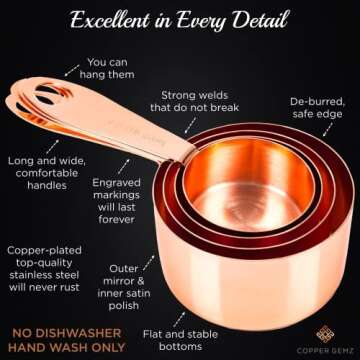 Copper Measuring Cups and Spoons Set of 9 - Premium Gift Packaging + Cooking Conversions Chart. Extra Sturdy Stainless Steel with Copper Finish, Satin and Mirror Polish. Gift Under 25 Dollars.