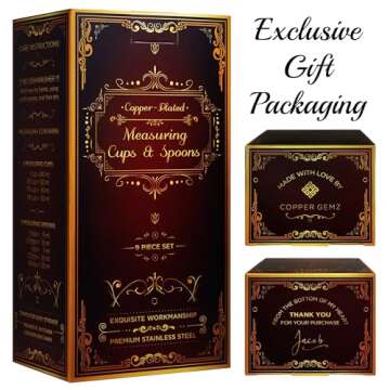 Copper Measuring Cups and Spoons Set of 9 - Premium Gift Packaging + Cooking Conversions Chart. Extra Sturdy Stainless Steel with Copper Finish, Satin and Mirror Polish. Gift Under 25 Dollars.