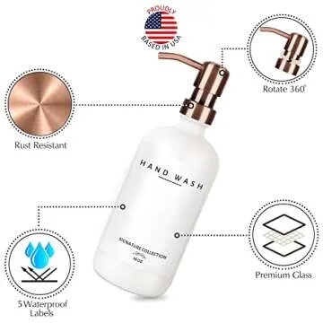 Emerson Essentials Thick Glass Soap Bottle Dispensers, 2 Pack, Non Rust Stainless Steel Pumps Hand Set for Bathroom Kitchen Sink, Shampoo Lotion Liquid Jars, 16 Oz, with 4 Waterproof Labels – White