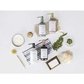 Emerson Essentials Thick Glass Soap Bottle Dispensers, 2 Pack, Non Rust Stainless Steel Pumps Hand Set for Bathroom Kitchen Sink, Shampoo Lotion Liquid Jars, 16 Oz, with 4 Waterproof Labels – White