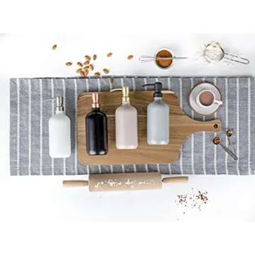 Emerson Essentials Thick Glass Soap Bottle Dispensers, 2 Pack, Non Rust Stainless Steel Pumps Hand Set for Bathroom Kitchen Sink, Shampoo Lotion Liquid Jars, 16 Oz, with 4 Waterproof Labels – White