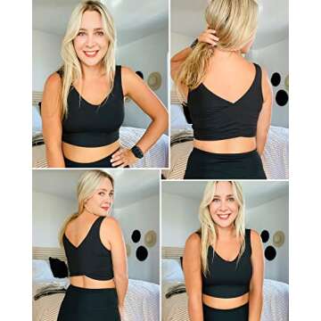 YOGAPRO V-Neck Longline Sports Bras for Women, Wirefree Padded Medium Support Yoga Bra Workout Crop Tank Tops Black