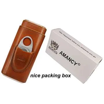 AMANCY Premium 3- Finger Brown Leather Cigar Case, Cedar Wood Lined Cigar Humidor with Silver Stainless Steel Cutter