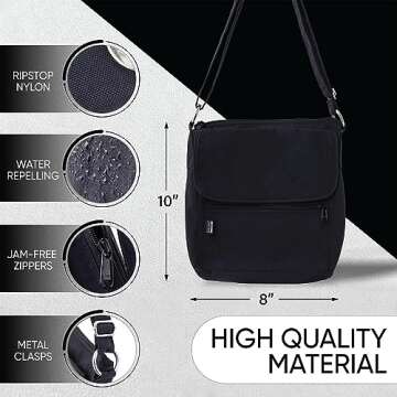 Peak Gear Crossbody Travel Purse with RFID Blocking Pocket and Lifetime Recovery Service. Versatile and Stylish Nylon Shoulder Bag | Black